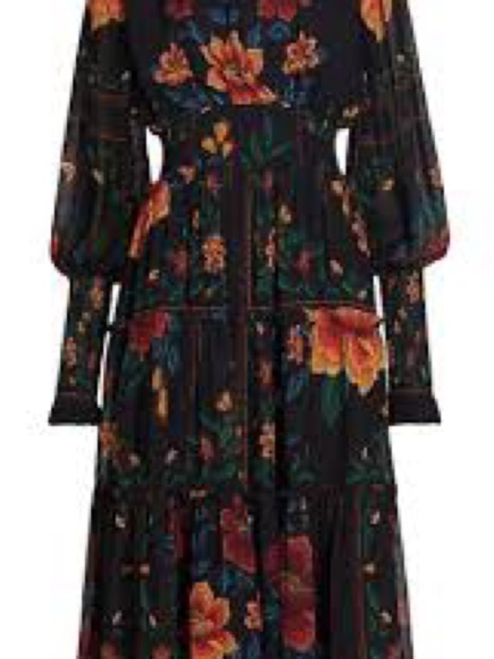 FARM Rio Black Floral Ruffled High-Neck Long-Sleeve Midi Dress